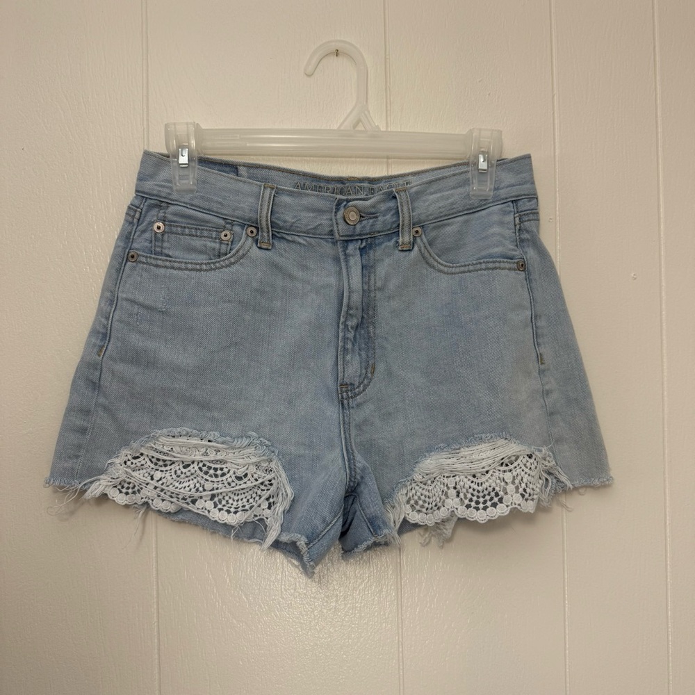 American Eagle Light Blue Denim Lace Trim Mom Shorts